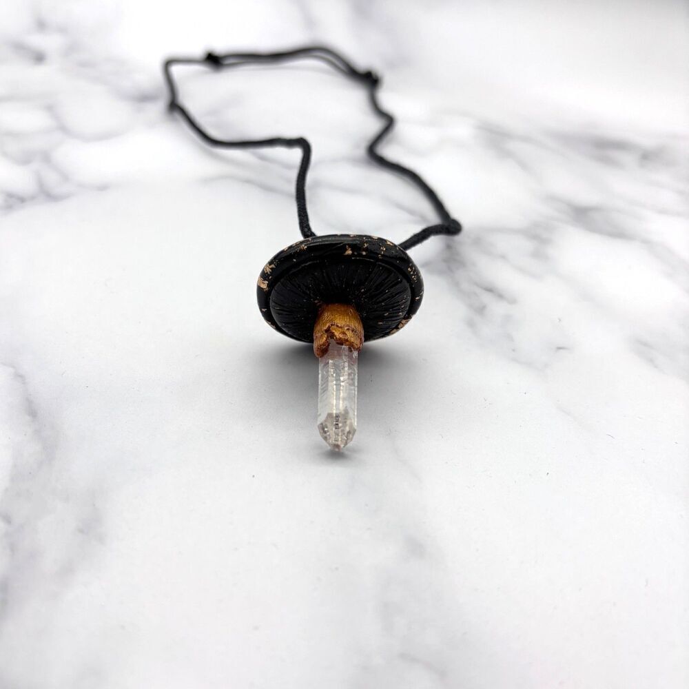 Black Mushroom Necklace with Quartz Crystal | Gold Leaf Polymer Clay Pendant - Picture 5 of 10